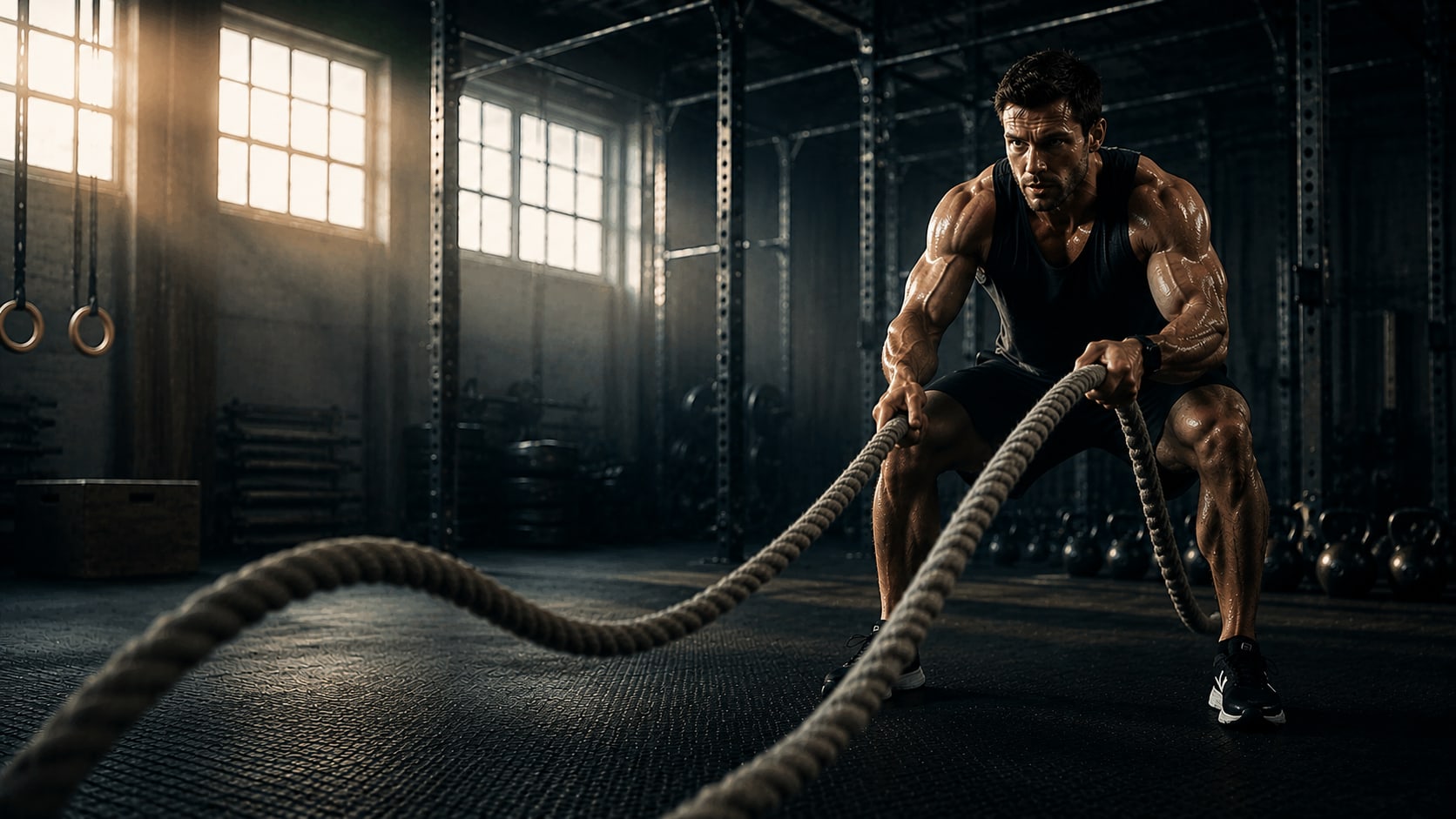 Man som tränar med battle ropes i ett mörkt gym