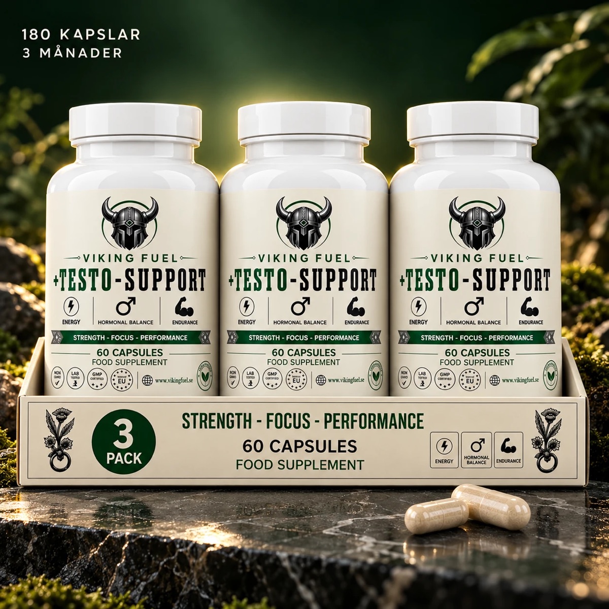 Three Viking Fuel supplement bottles in their tray