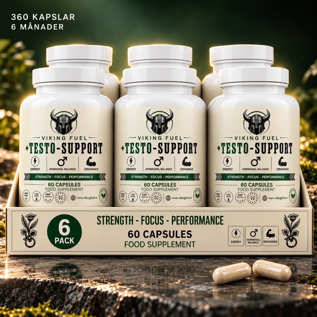 Six Viking Fuel supplement bottles in their tray