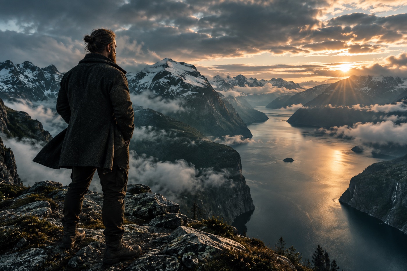 En man på en klippa som blickar ut över en fjord i soluppgången